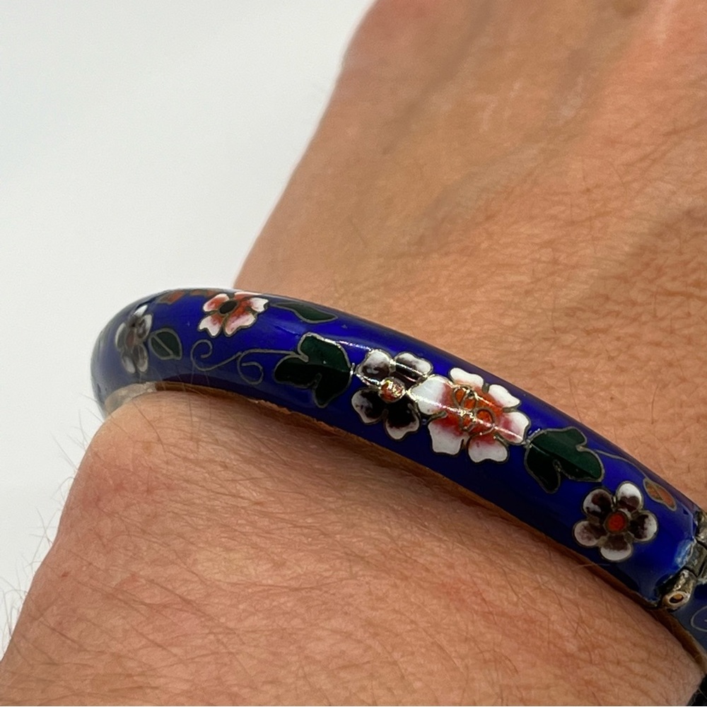 Vintage Blue Floral Cloisonne Bracelet with Brass Clasp
